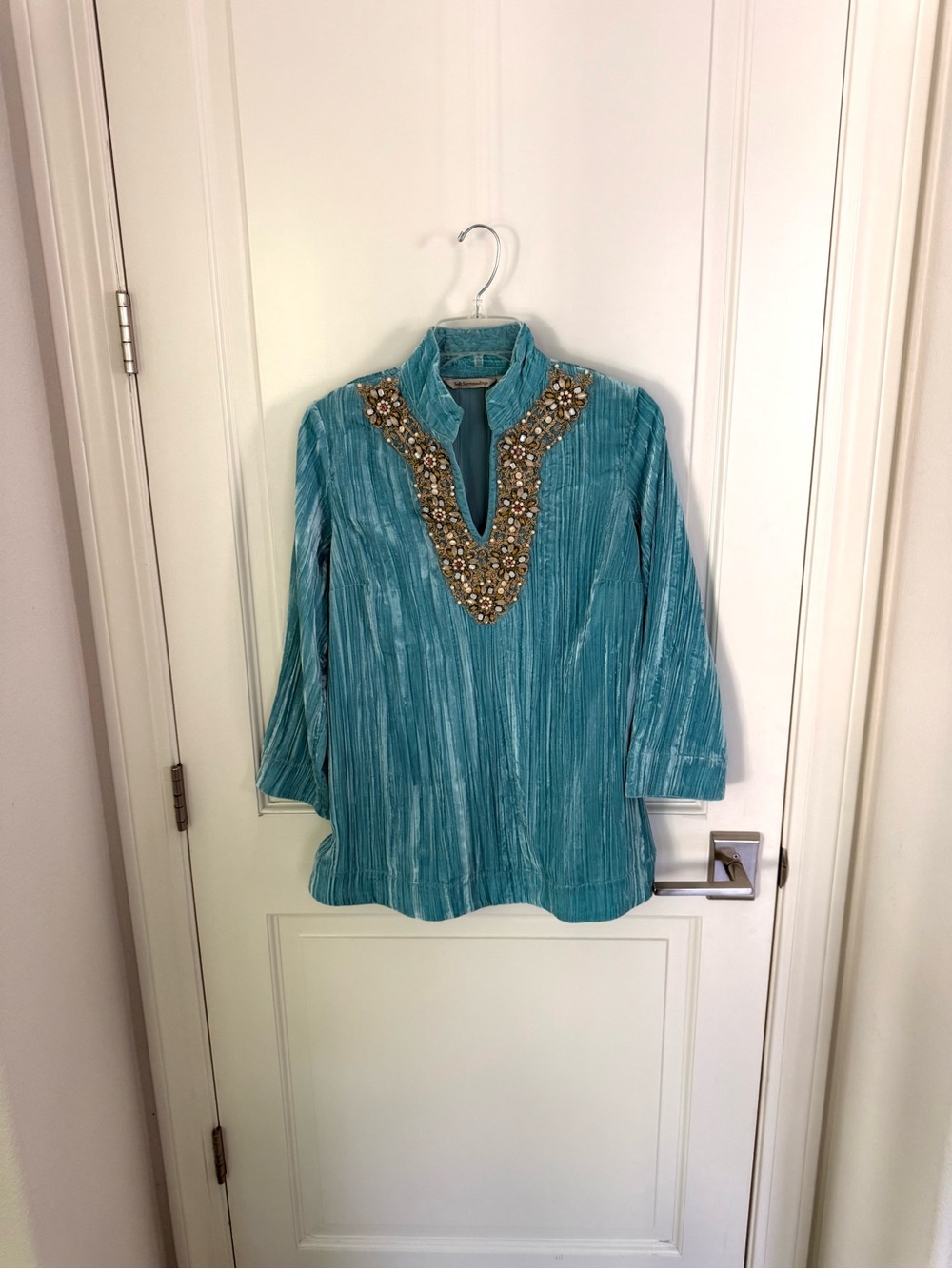 Soft Surroundings Anastasia Embellished Beaded Gem Blue Velvet Blouse Top XS